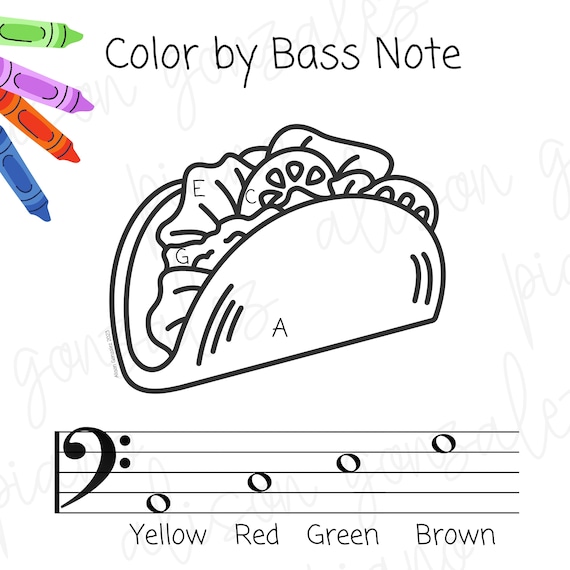 Taco bass clef notes color by number learn the bass clef notes piano teacher resource music lessons coloring page digital download