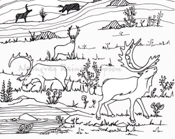 Caribou in the mountains alaska native hand drawn coloring page instant download