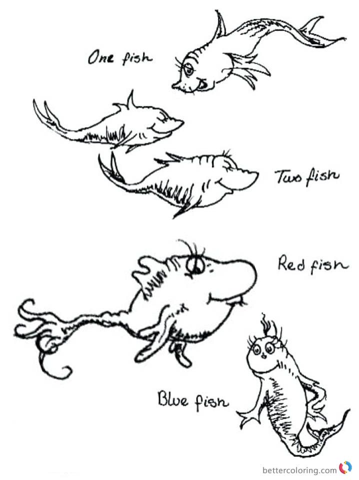 Dr seuss one fish two fish coloring pages colorful fishes