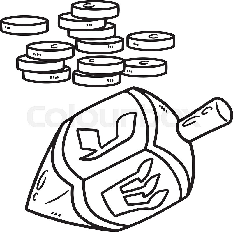 Hanukkah dreil and coins isolated coloring page stock vector