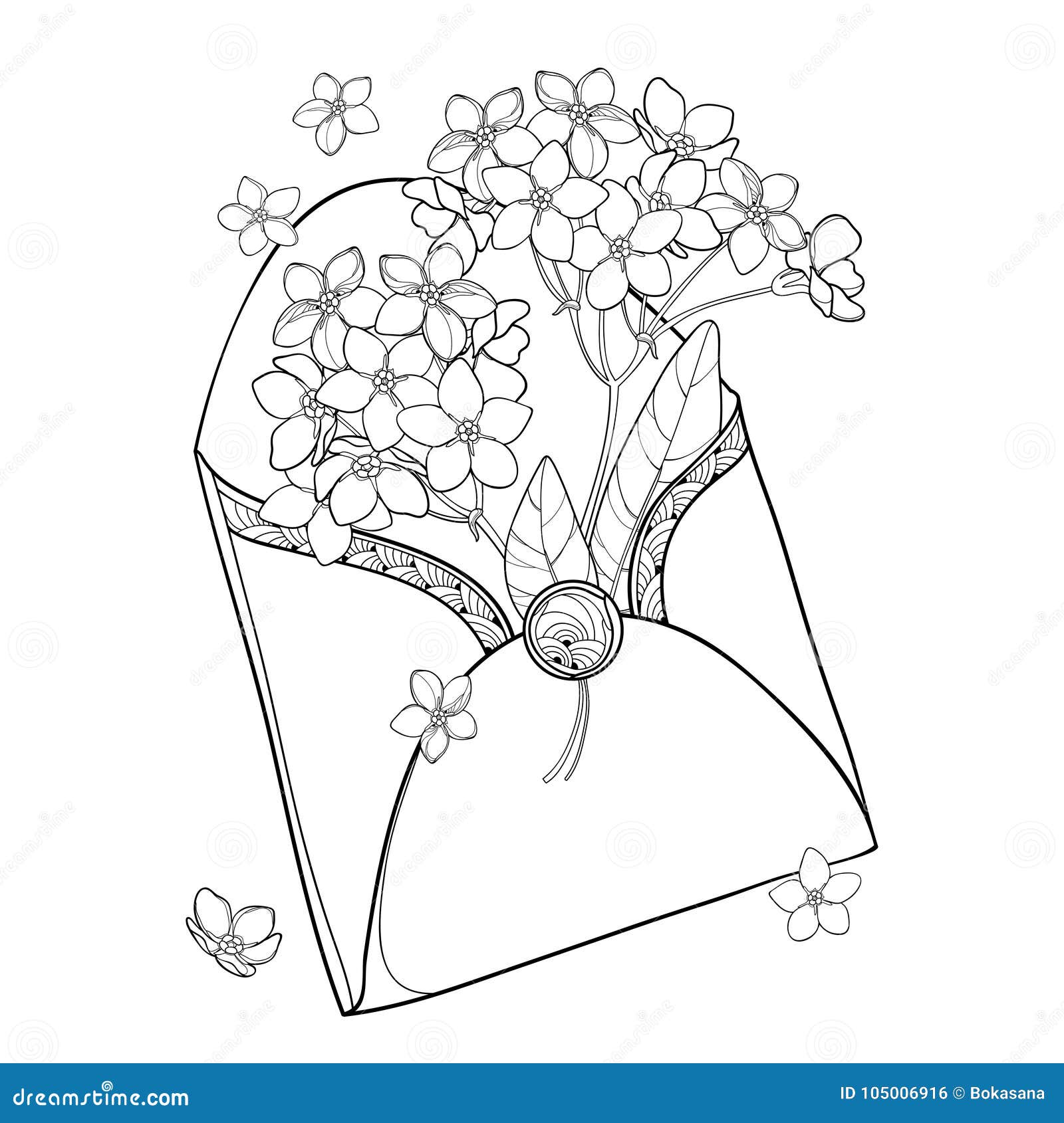 Vector bouquet with outline forget me not or myosotis flower in opened black craft envelope isolated on white background stock vector