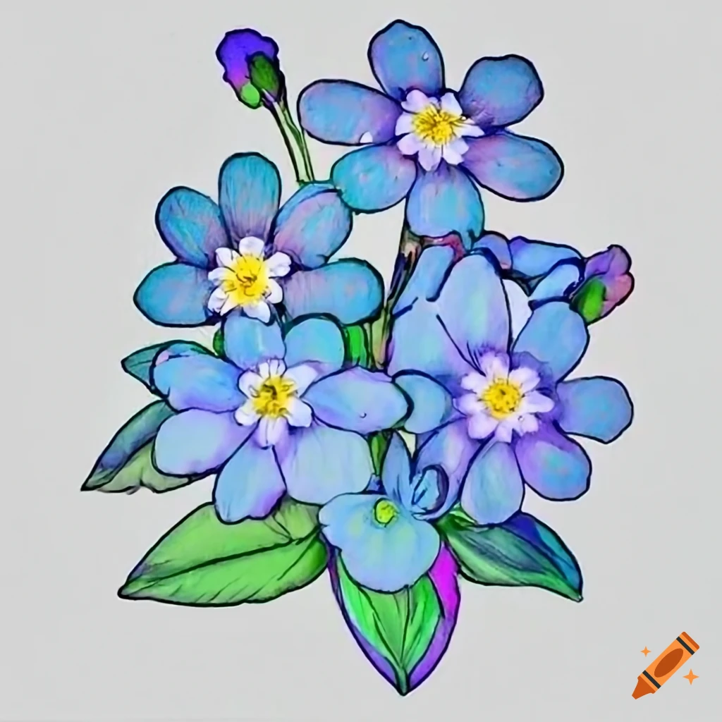 Blue forget me not flowers in a coloring book style on