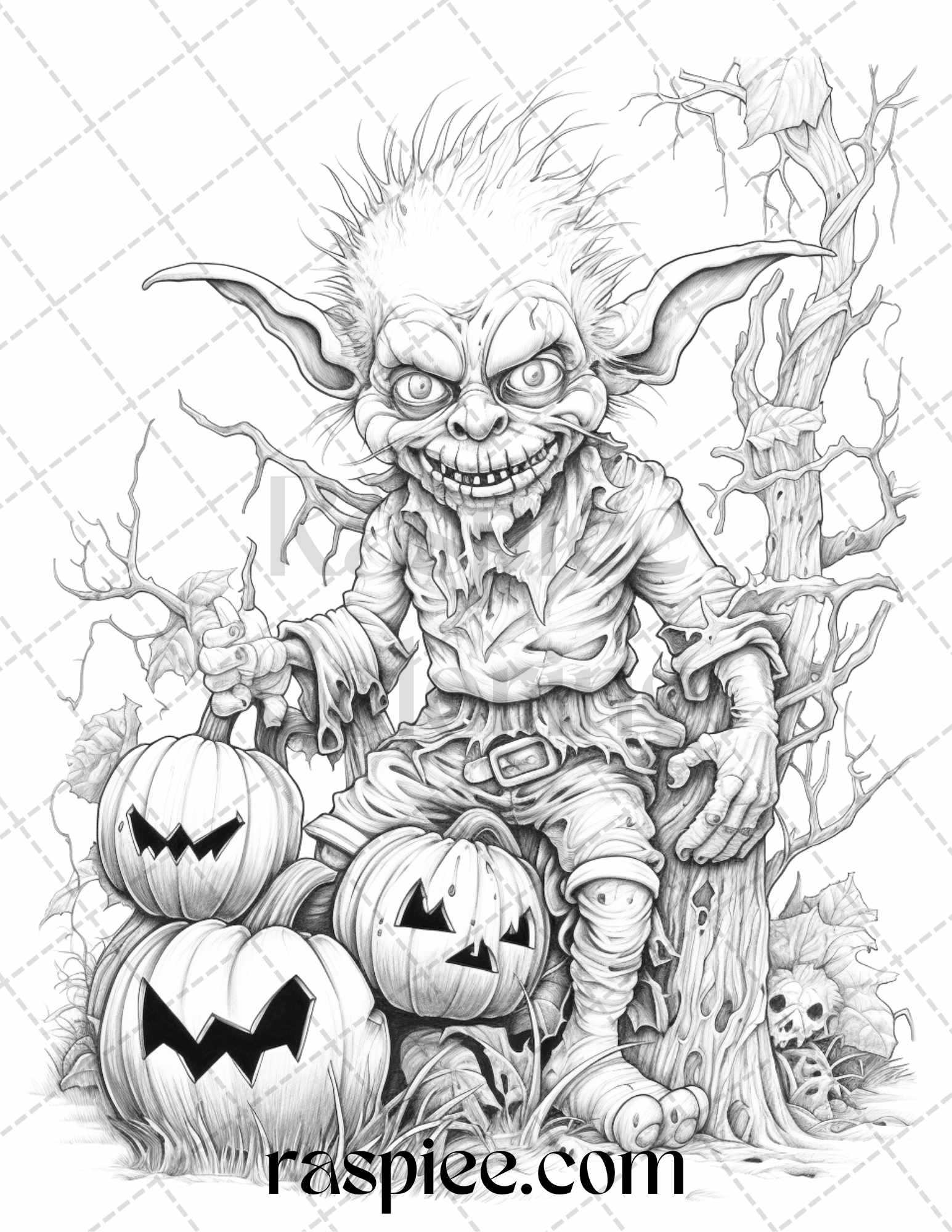 Halloween goblin grayscale coloring pages printable for adults pdf â coloring