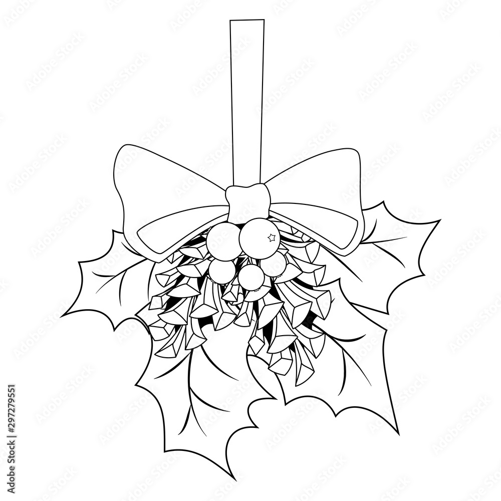 Coloring book page for adults and children christmas holly berries and leaves pine cones and a bow vector illustration vector