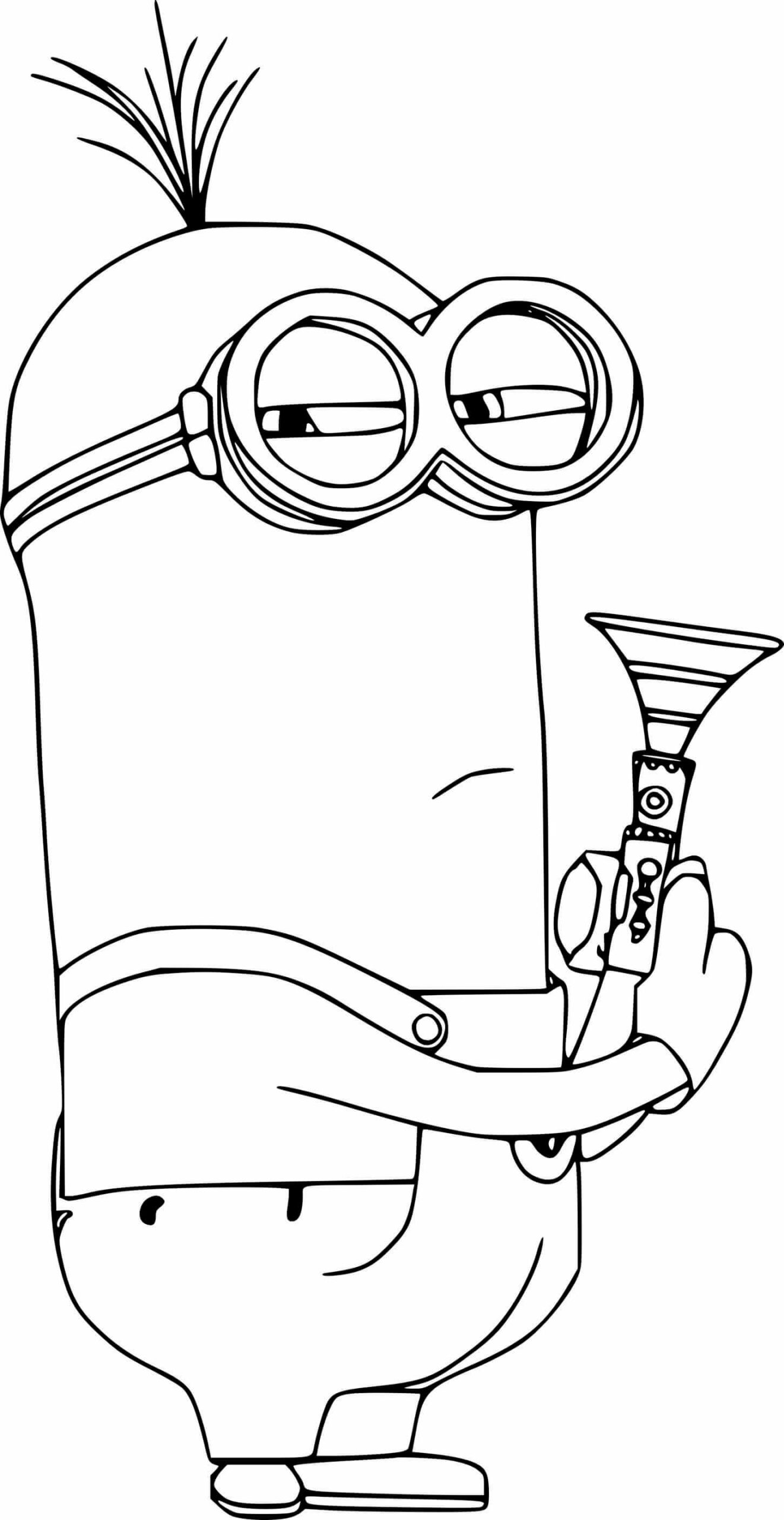 Kevin minion holds a trumpet coloring page