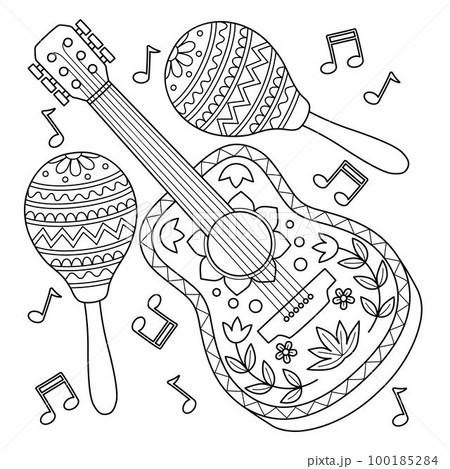 Cinco de mayo guitar and maracas coloring page