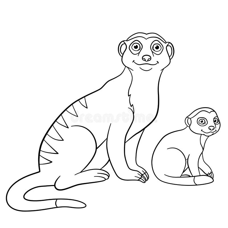 Coloring pages mother meerkat with her little cute babies stock vector