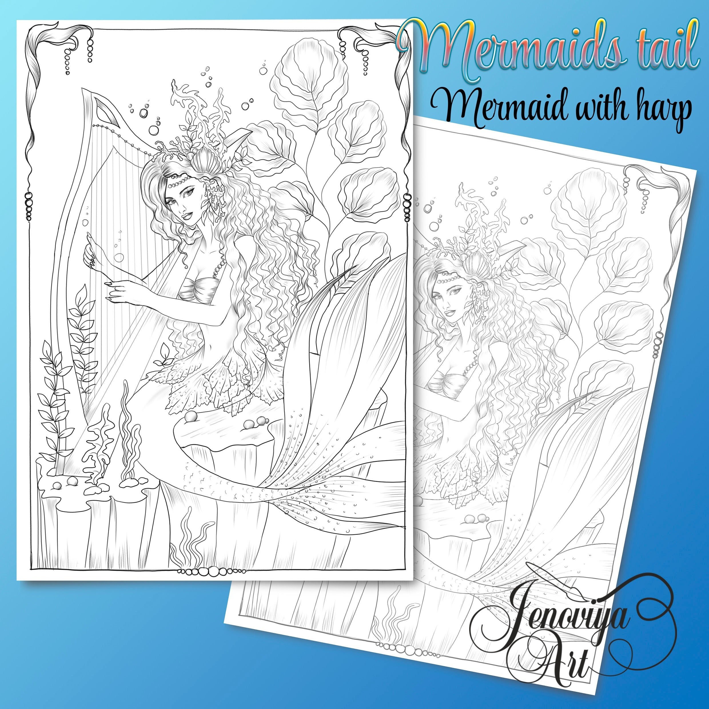 Mermaid tail mermaid with harp coloring page printable coloring adult coloring page coloring pdf instant download