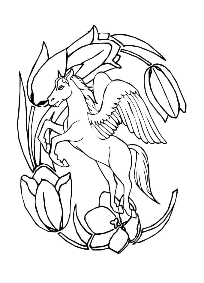 Pegasus and flowers coloring page