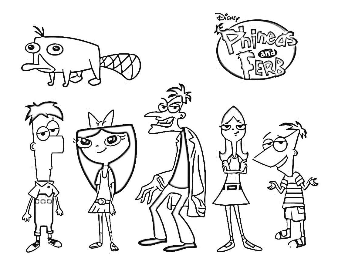 Phineas and ferb characters coloring page