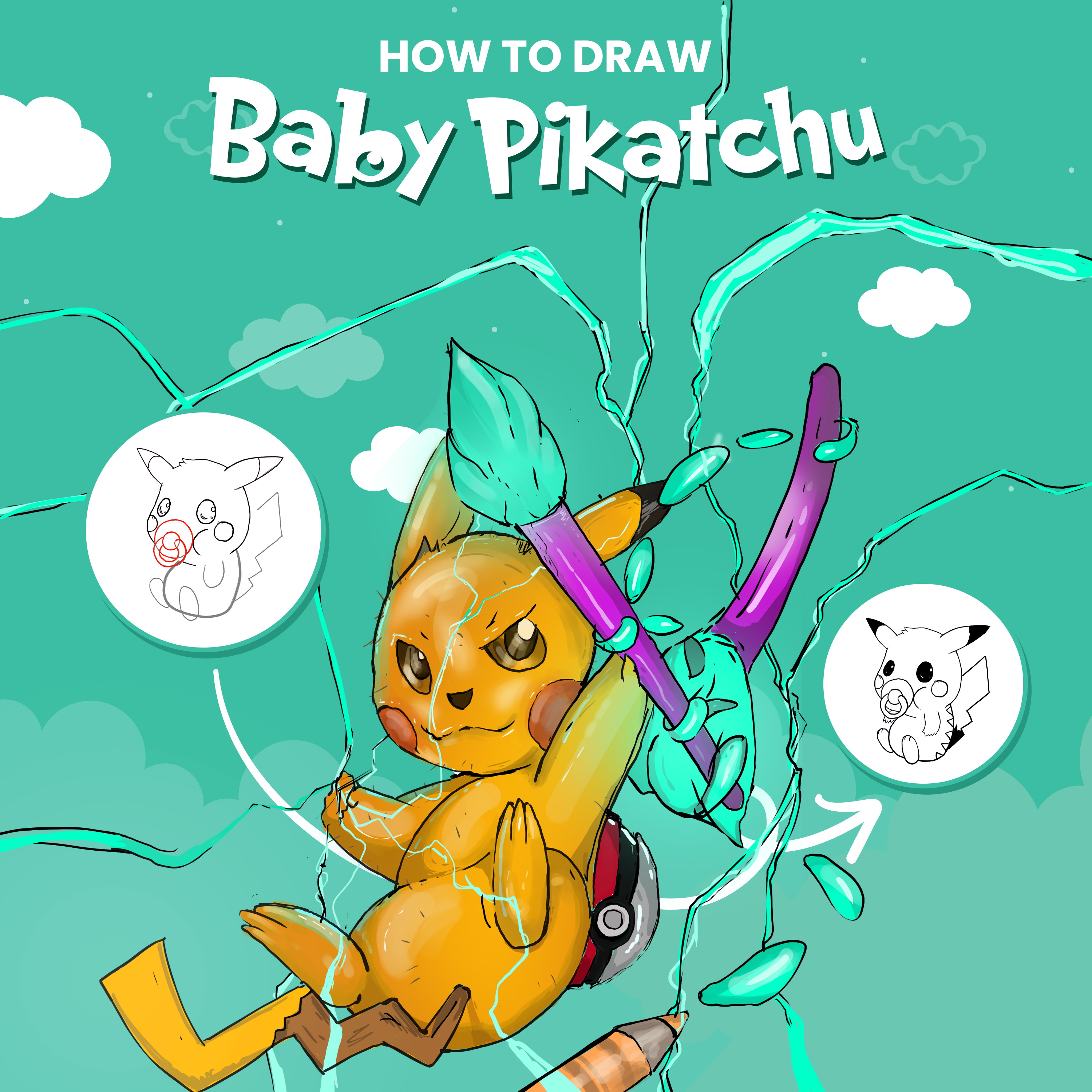 Draw baby pikachu easily step