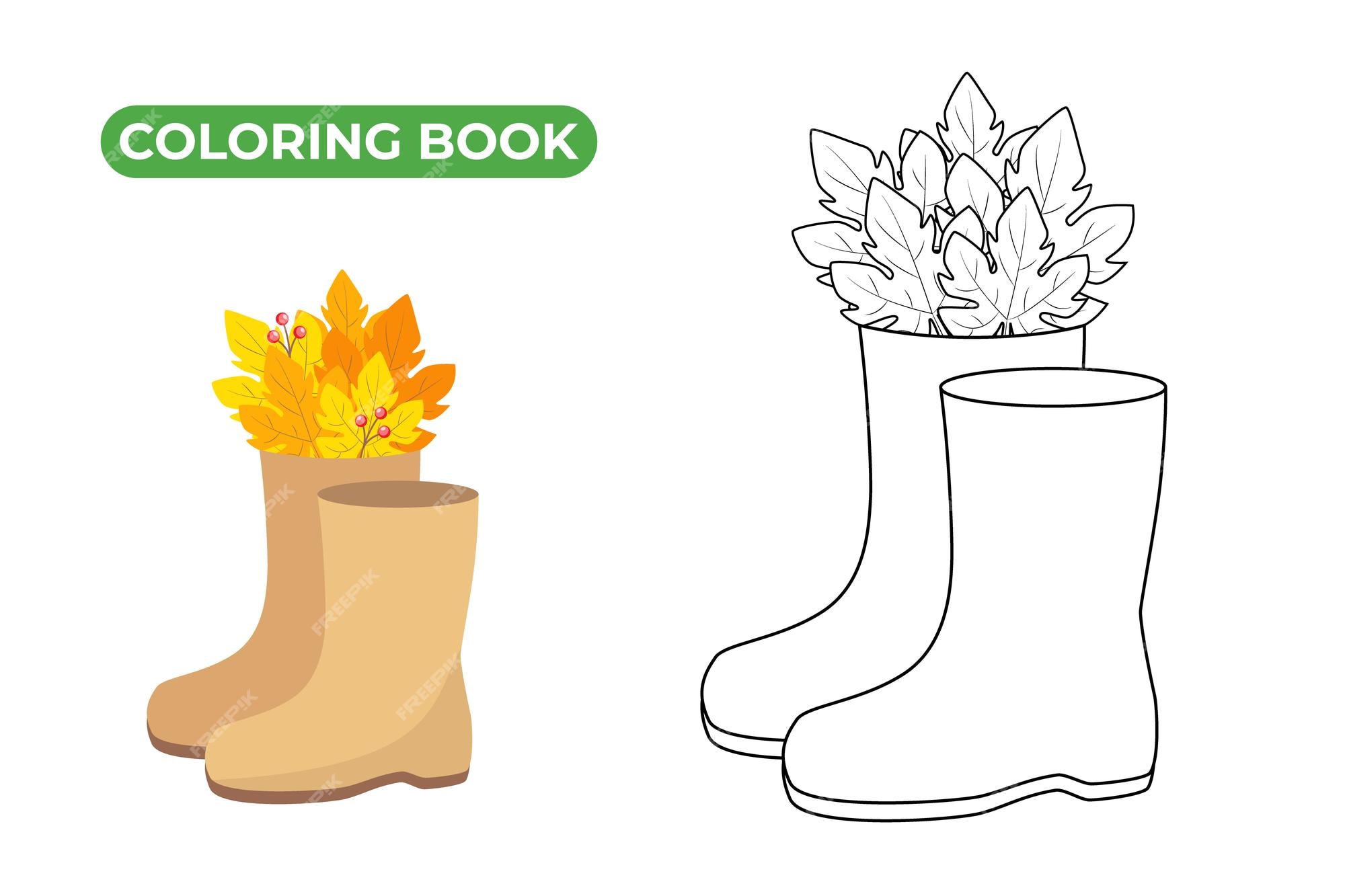 Premium vector rubber boots vector illustration autumn leaves and berries line drawing of shoes with bouquet coloring book