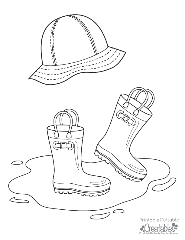 Rainboots rain hat free printable coloring page