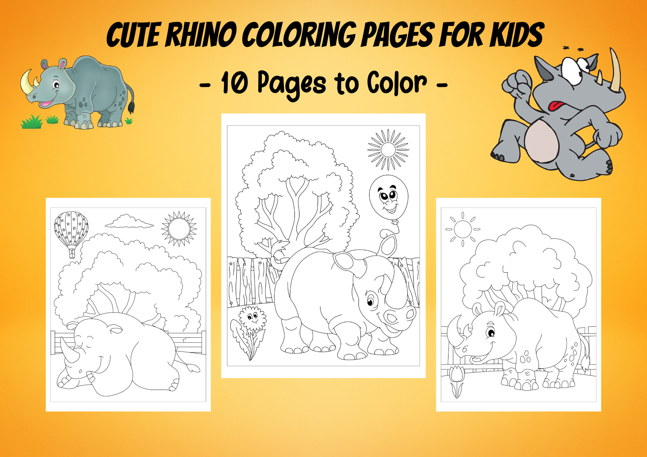 Rhino coloring pages for kids adorable rhino digital coloring book for boys and girls printable pages pdf activity page