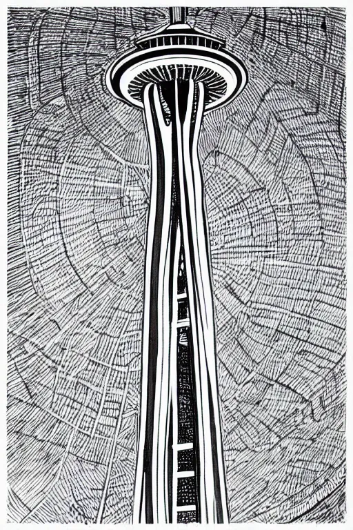 Space needle in detled pen and ink drawing style stable diffusion