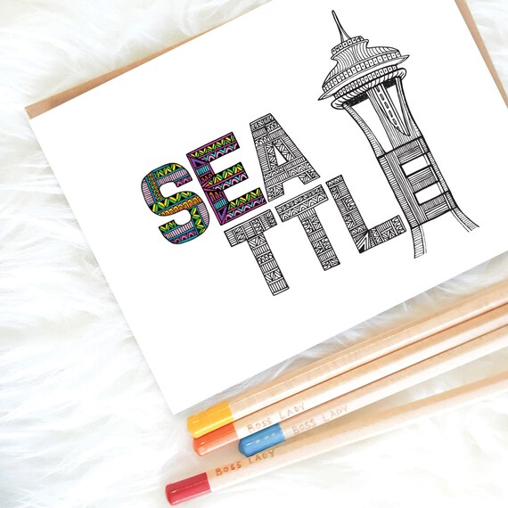 Coloring page download printable art download seattle art print pdf instant download space needle wall art tribal art drawing