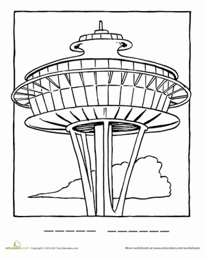 Space needle coloring page worksheet education building a house color house blueprints