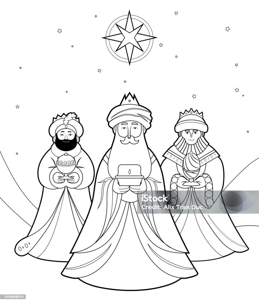 The three wise men under the star of bethlehem coloring page stock illustration