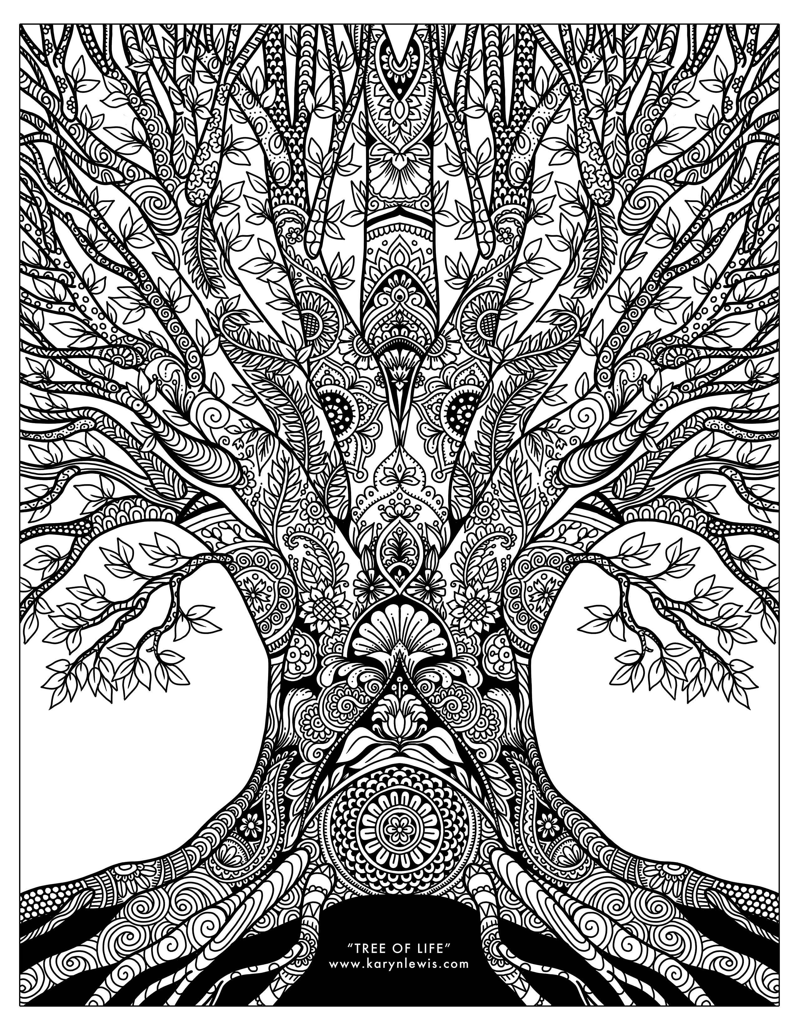 Tree of life doodle art free adult coloring page karyn lewis illustration