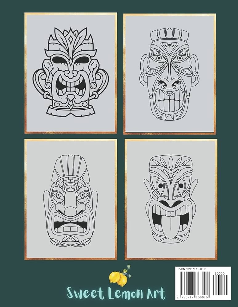 Tiki coloring book for kids tropical tiki masks totems coloring pages for stress relief relaxation art publis sweet lemon books