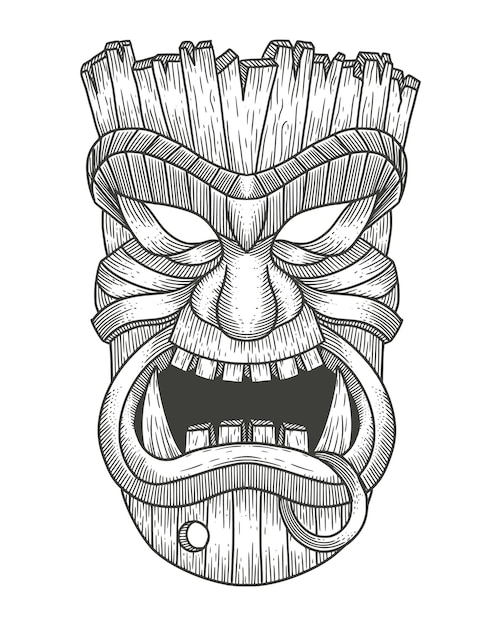 Premium vector a tiki mask with a big mouth with engraving drawing illustration