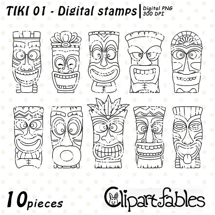 Cute tiki mask digital stamps polynesian culture outline maori coloring tiki statue luau party decor colouring instant download