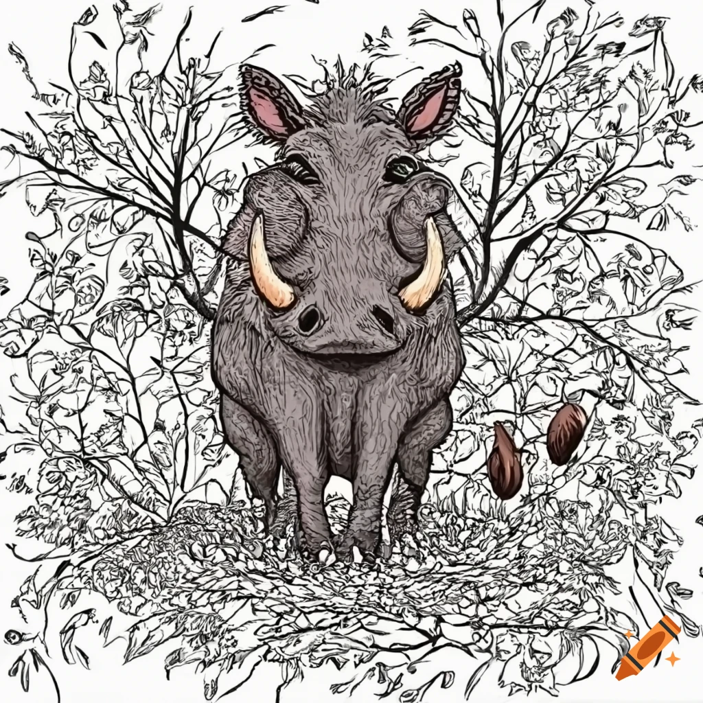 A warthog rooting for truffles in a secret garden filled with fruit trees with white background for a coloring book