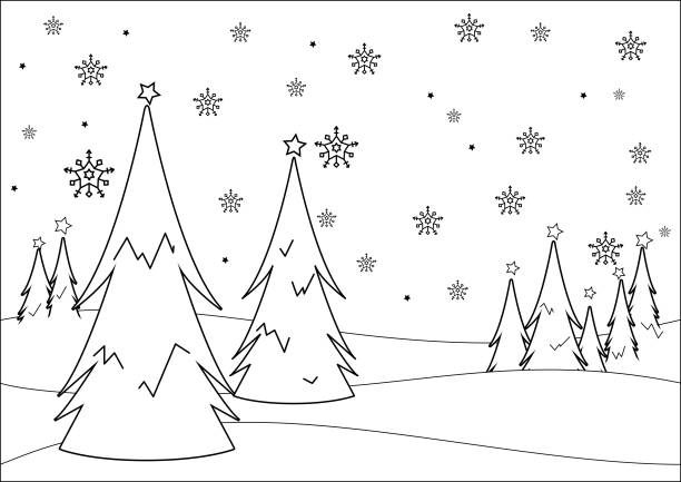 Winter landscape with trees in the snow vector black and white coloring page stock illustration