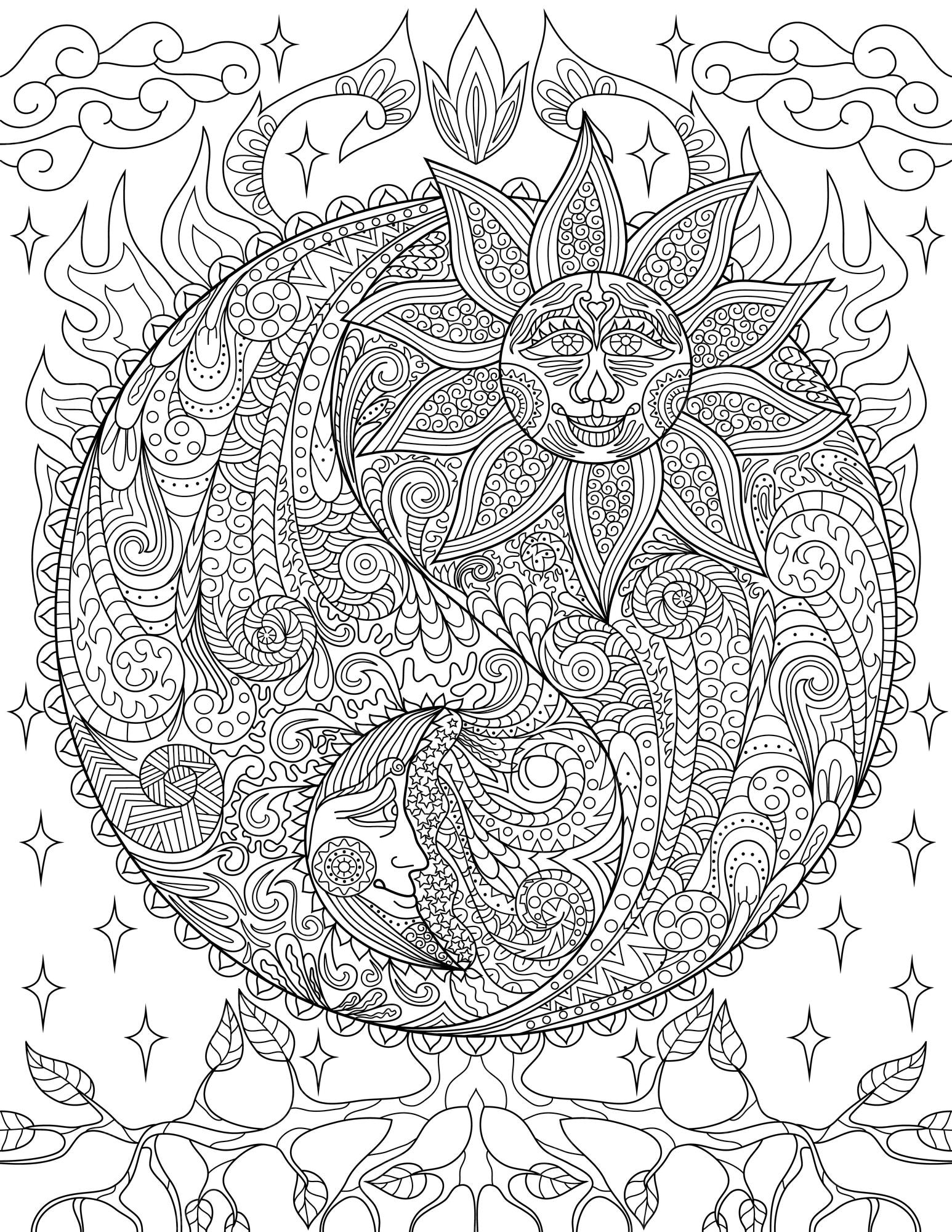 Premium vector coloring book page with yin yang symbols with sun on one side and moon on other sheet to be colored with sign presenting day and night with leaves in