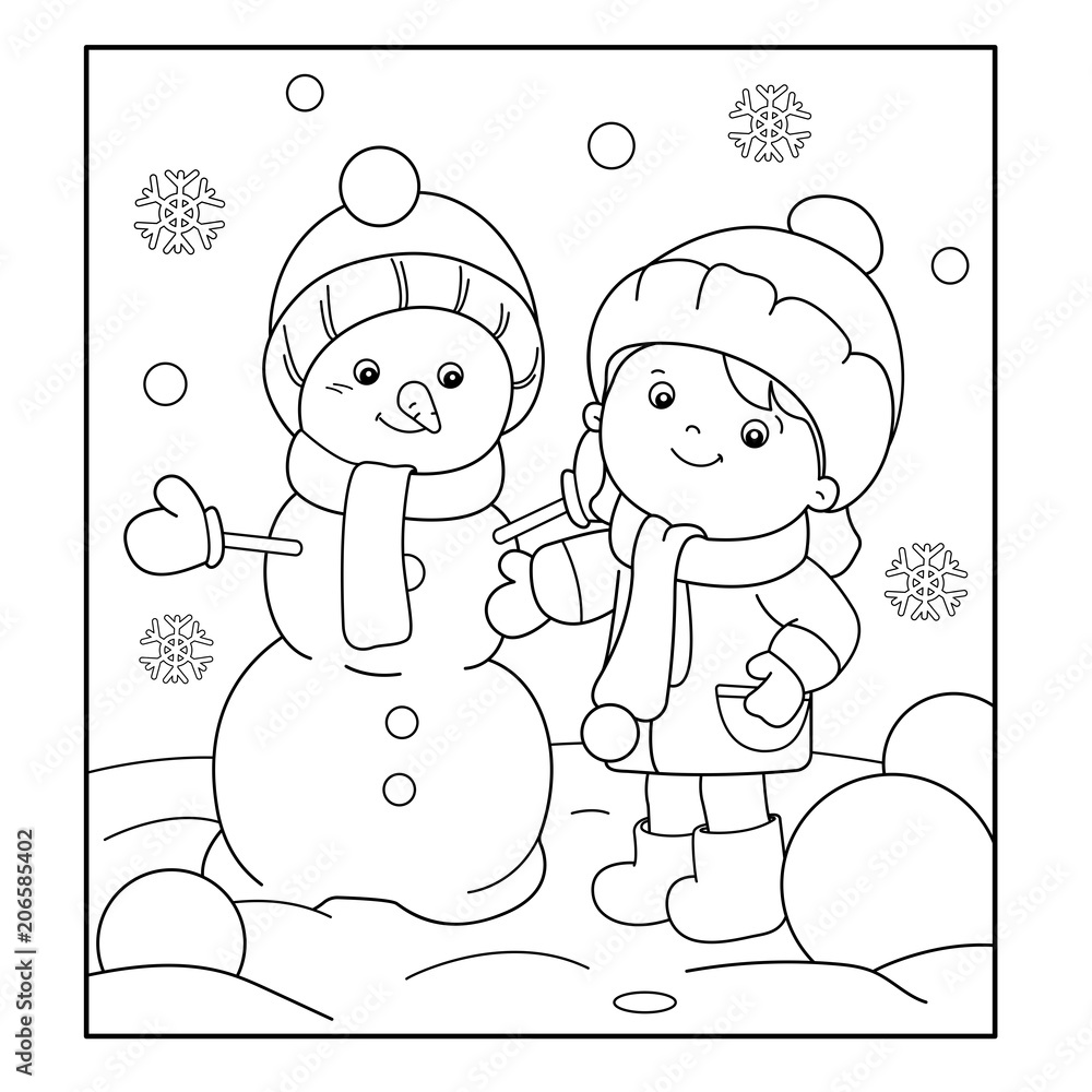 Coloring page outline of cartoon girl making snowman winter coloring book for kids vector