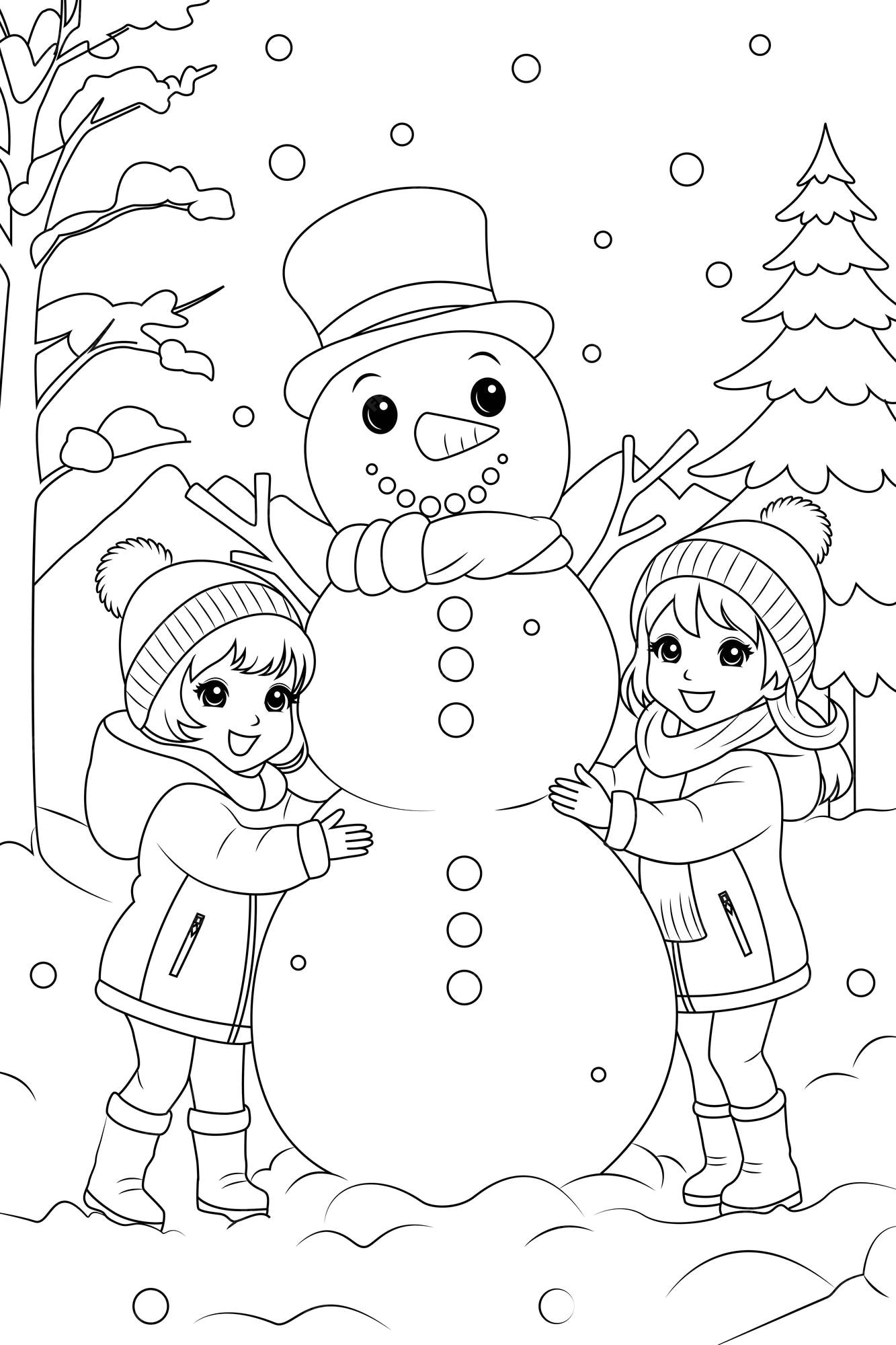 Premium vector coloring page two kids making a snowman together