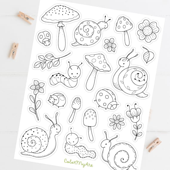 Cute bugs snails and flowers coloring printable stickers cute decorative stickers print color and cut sticker sheet digital download