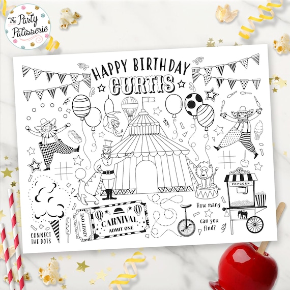 Digital circus coloring placemat carnival placemat personalizado personalizado juego de fiesta de circo fiesta de cumpleaãos de circo tapete de actividades