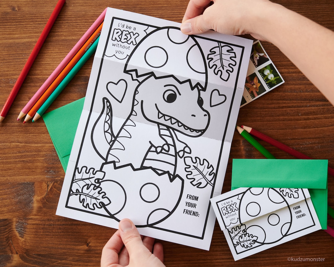 T rex dinosaur egg valentine folding surprise coloring page card cute kids baby dino tyrannosaurus art activity to send in the mail instant download