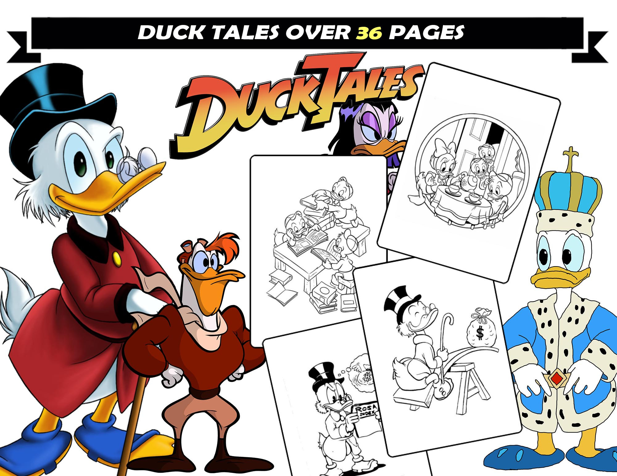 Duck tales coloring pages for kids scrooge louie dewey huey cartoon characters for coloring instant download printable coloring book instant download