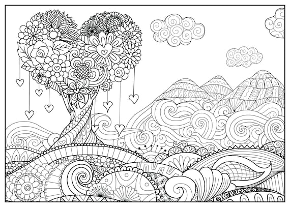 Valentine coloring poster huge coloring poster valentine landscape zentangle