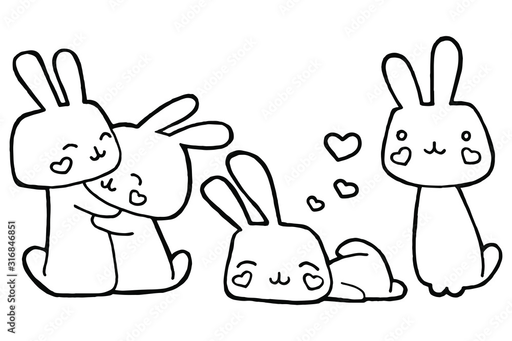 Hand drawing vector illustration set of rabbits in love hugs coloring page cute sticker for valentines day funny character kawaii bunny illustration for childrens staff love romance happine vector