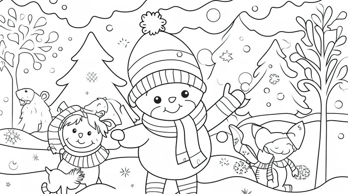 Winter scene snowman coloring page for kids of with two dogs and a on backgrounds jpg free download