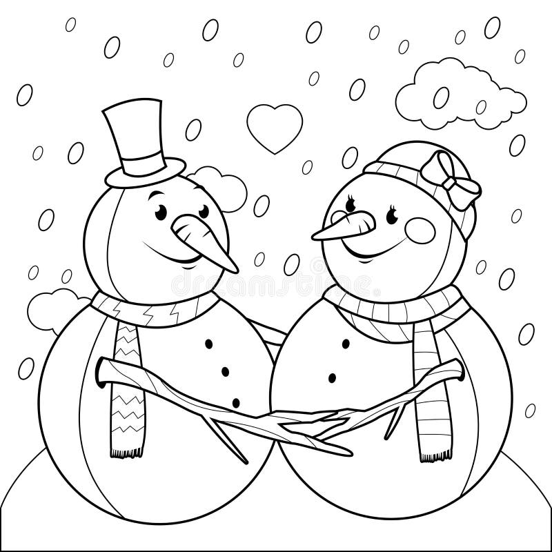 Cute snowmen in the snow vector black and white coloring page stock vector