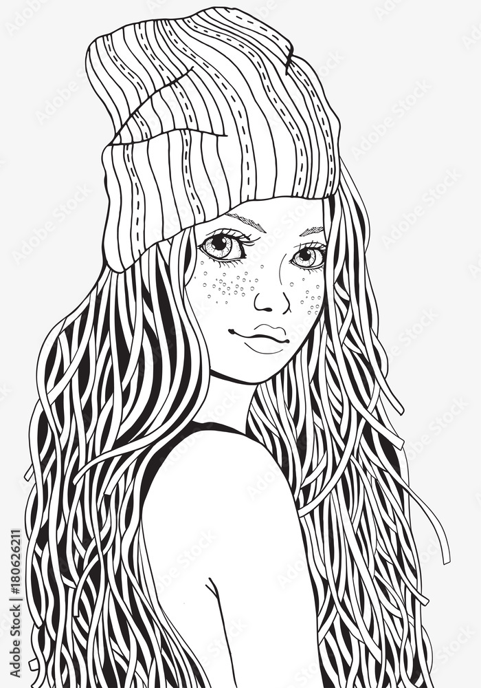 Cute girl coloring book page for adult a size black and white doodle style vector