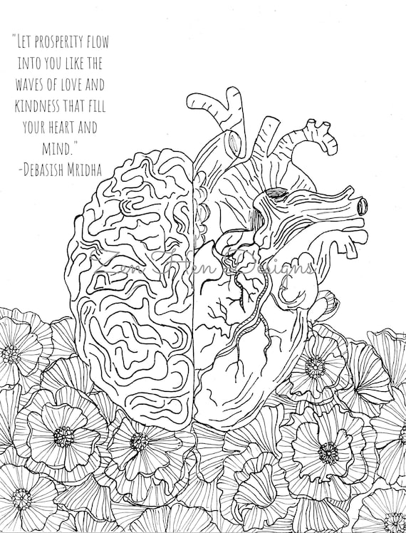 Digital printable human anatomy coloring page brain and heart hand drawn adult coloring pages color your own pdf sheet for science lovers