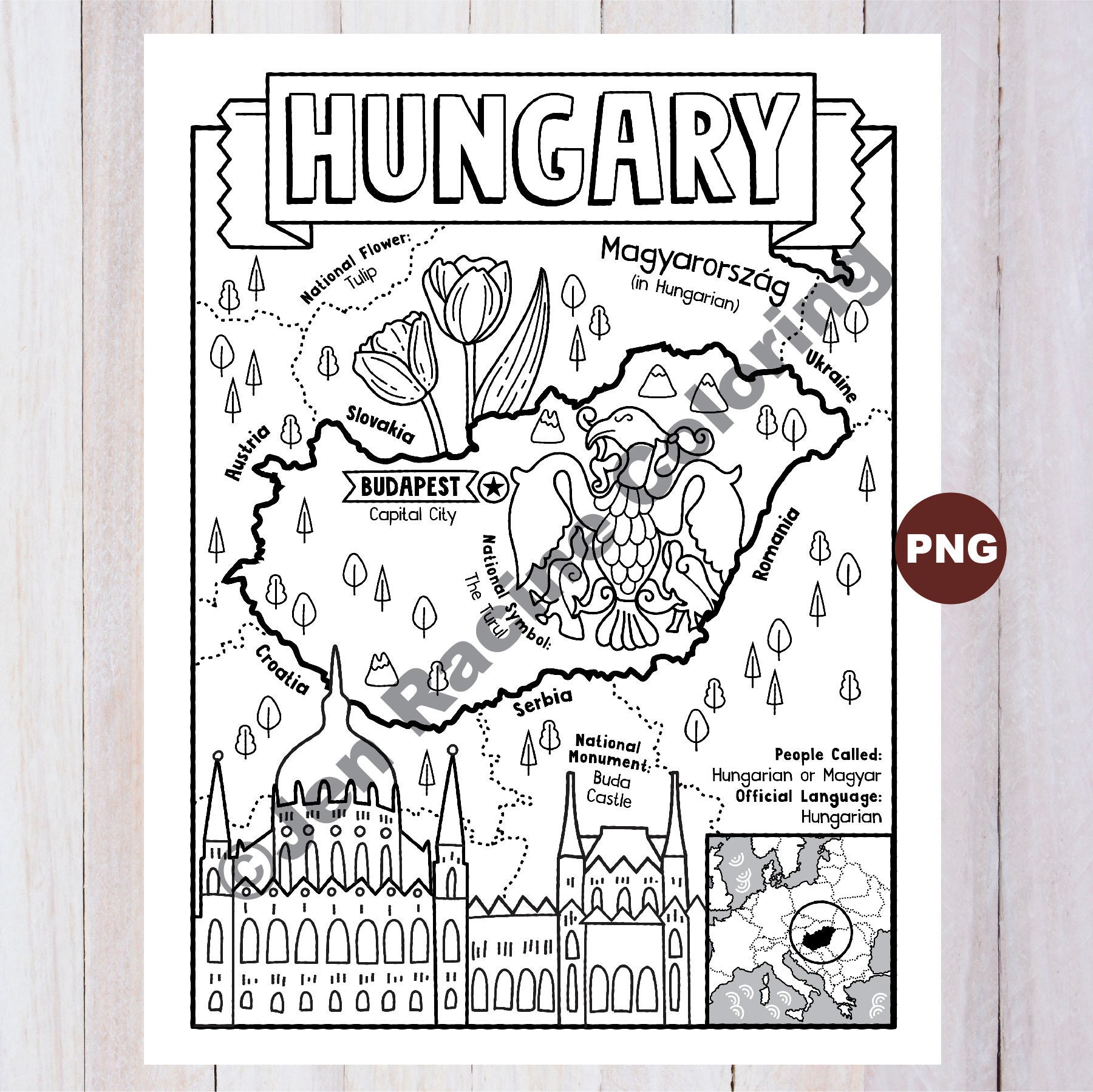 Hungary coloring page geography of europe digital download coloring page