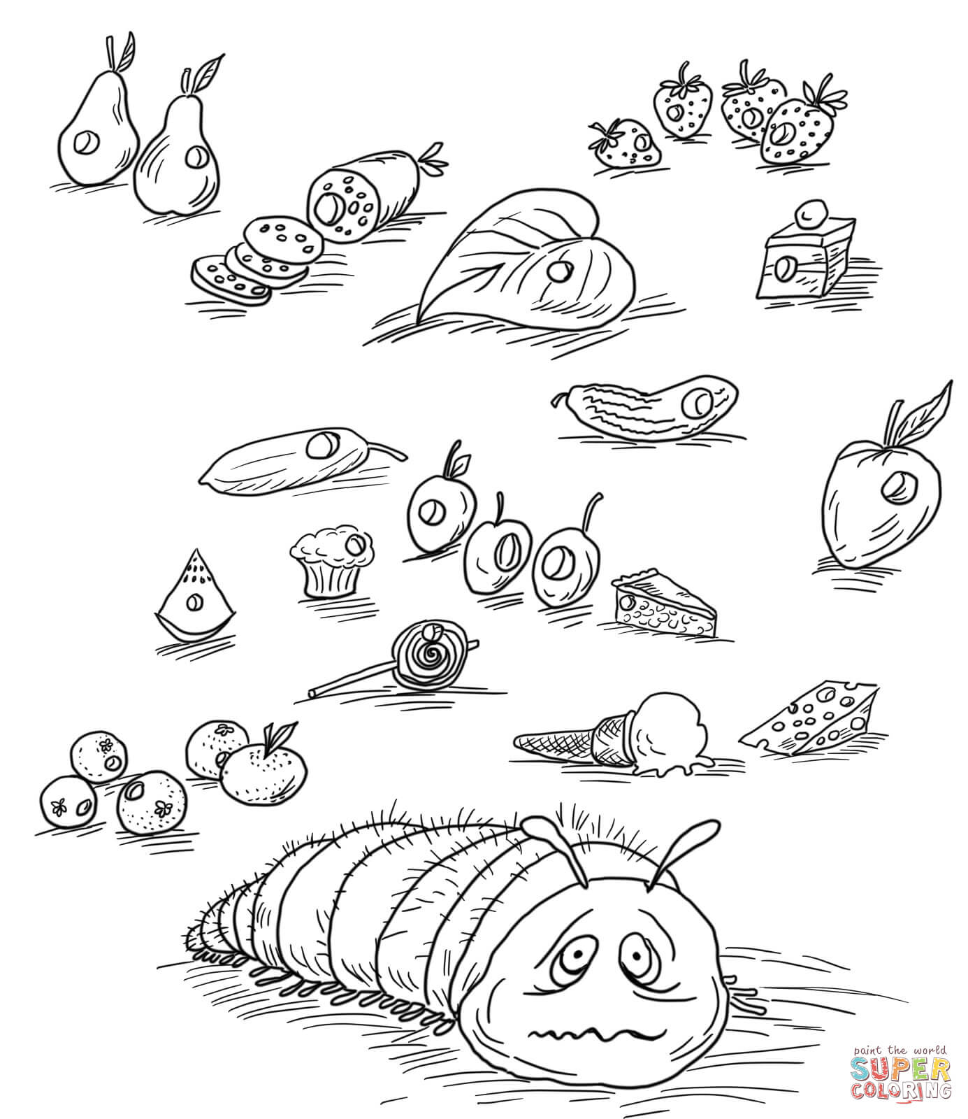 Very hungry caterpillar with fruits and foods coloring page free printable coloring pages