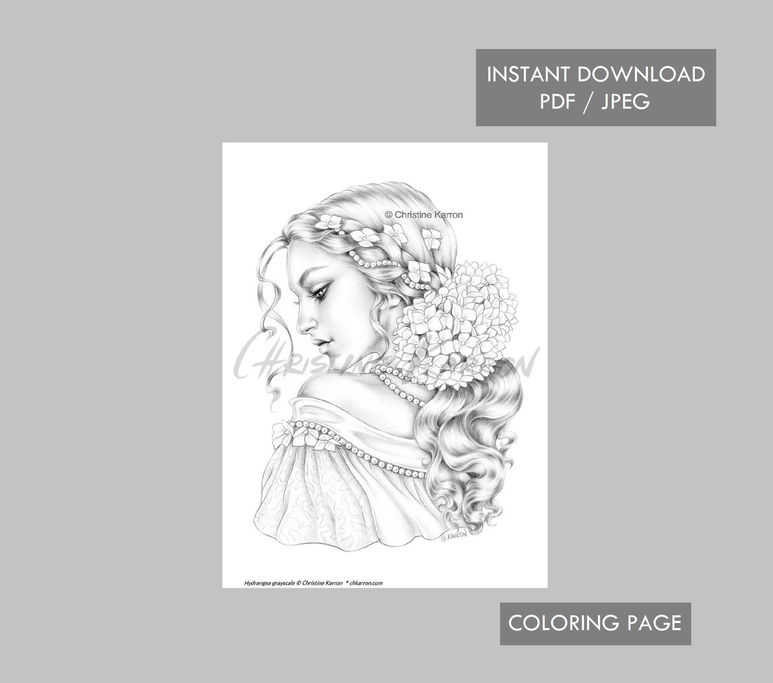 Hydrangea coloring page grayscale illustration instant download printable file jpeg and pdf