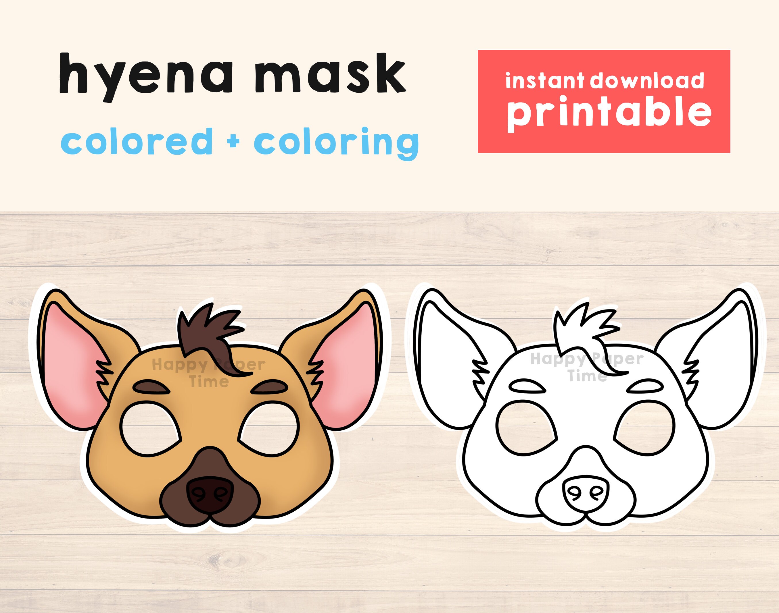 Hyena mask costume animal mask printable party favor african jungle party printable mask kids party favor printable instant download