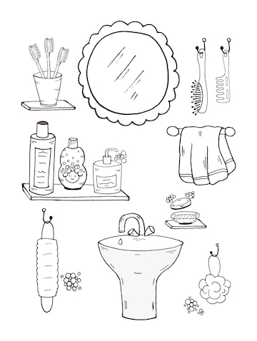 Premium vector coloring page washbasin wall hygiene line set wash vector bath procedures items