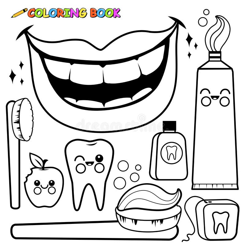 Dental hygiene set vector black and white coloring page stock vector