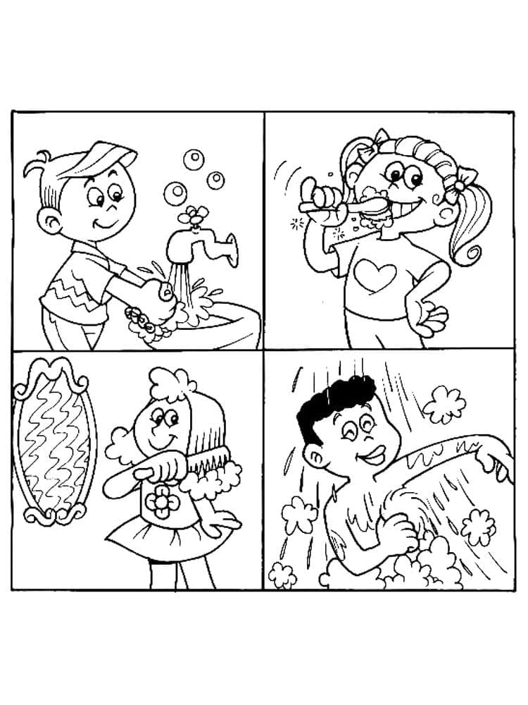 Kids and hygiene coloring page