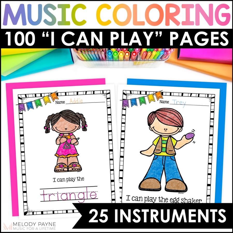 Musical instrument coloring sheets with kids in music class