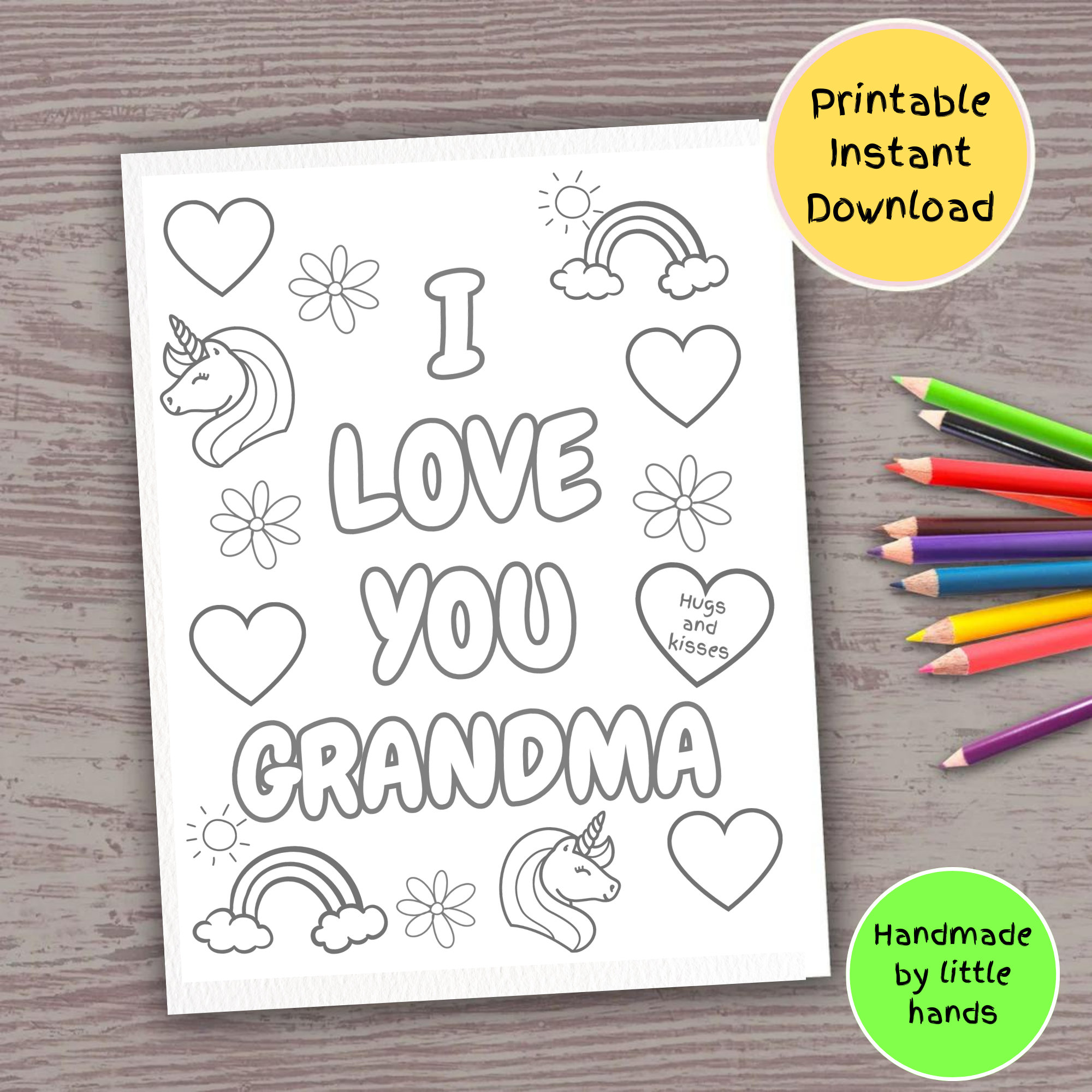 I love you grandma printable coloring page for kids rainbow unicorn art activity diy handmade birthday card mothers grandparents day gift download now